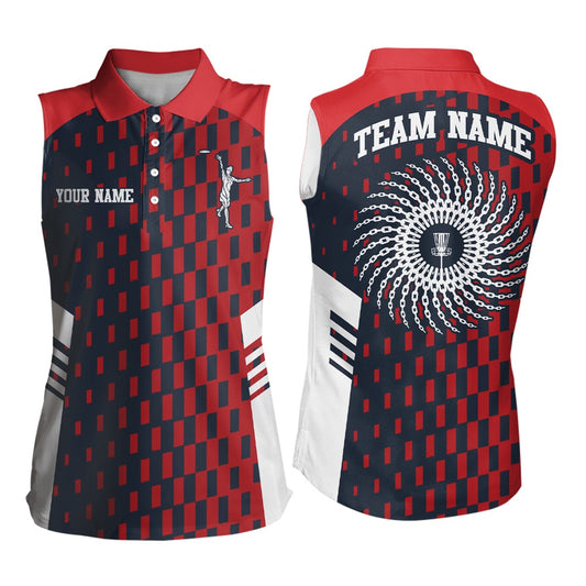 Womens Sleeveless Disc Golf Polo Shirt Red Navy Checkered Custom Disc Golf Shirt, Women Golf Shirts