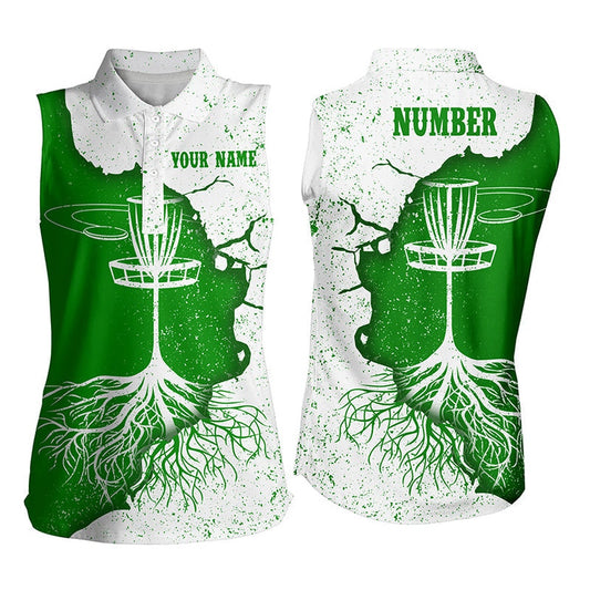 Womens Sleeveless Disc Golf Polo Shirt White And Green Custom Disc Golf Tops Disc Golf Gifts, Women Golf Shirts