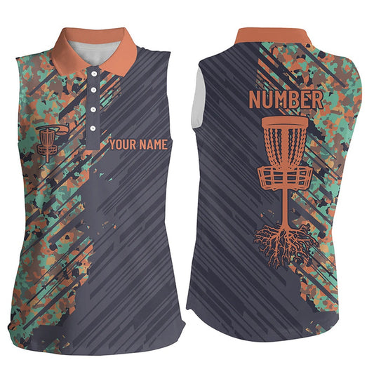 Womens Sleeveless Disc Golf Polo Shirts Grunge Camo Disc Golf Basket, Disc Golf Apparel, Women Golf Shirts