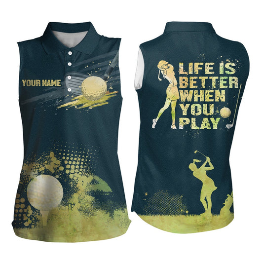Womens Sleeveless Golf Artistic Wet Paint Polo Shirt, Dark Green Golf Shirts, Golfing Gifts, Women Golf Shirts
