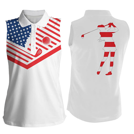 Womens Sleeveless Golf Polo Shirt American Flag 4Th July Patriot White Golf Shirt, Women Golf Shirts
