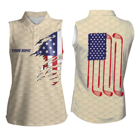 Womens Sleeveless Golf Polo Shirt Beige Golf Ball American Flag Patriotic Golf Clubs Custom Golf Gifts, Women Golf Shirts