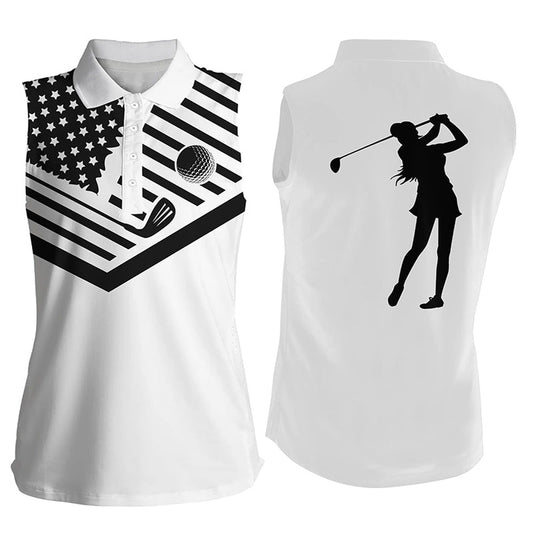 Womens Sleeveless Golf Polo Shirt Black American Flag Patriotic White Golf Shirt, Women Golf Shirts