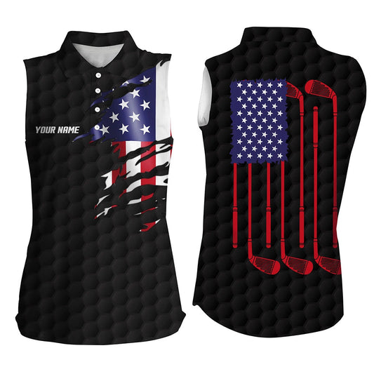 Womens Sleeveless Golf Polo Shirt Black Golf Ball American Flag Patriotic Golf Clubs Custom Golf Gifts, Women Golf Shirts