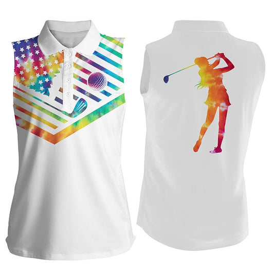 Womens Sleeveless Golf Polo Shirt Colorful Tie Dye American Flag White Golf Shirt, Women Golf Shirts