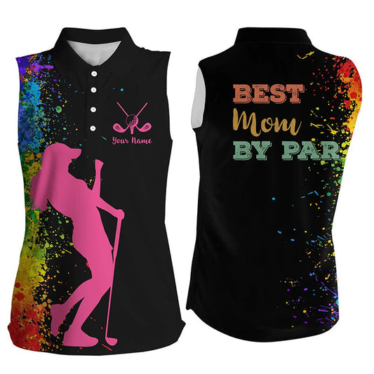 Womens Sleeveless Golf Polo Shirt Custom Black Watercolor Best Mom By Par, Mother Day Golf Gift, Women Golf Shirts