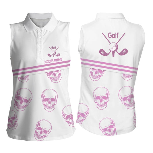 Womens Sleeveless Golf Polo Shirt Custom Name Pink Golf Skull White Golf Shirt, Golfing Gift, Women Golf Shirts