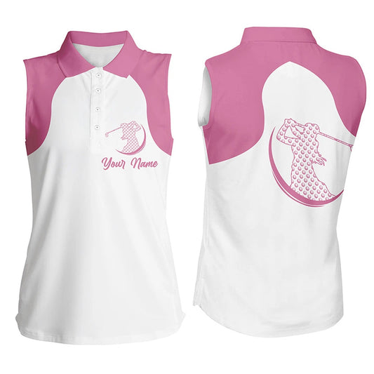 Womens Sleeveless Golf Polo Shirt Custom Name White And Pink Golf Outfit Women, Personalized Golf Gift, Women Golf Shirts