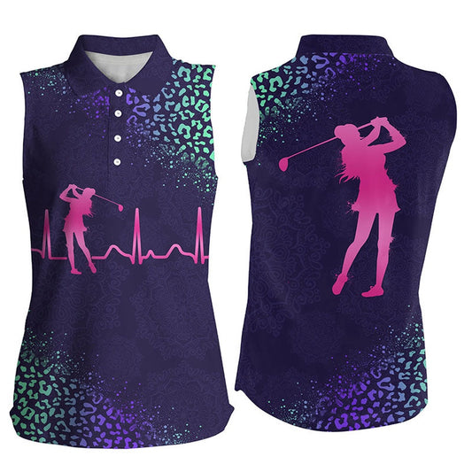 Womens Sleeveless Golf Polo Shirt Golf Heartbeat Purple Gradient Leopard Pattern, Women Golf Shirts