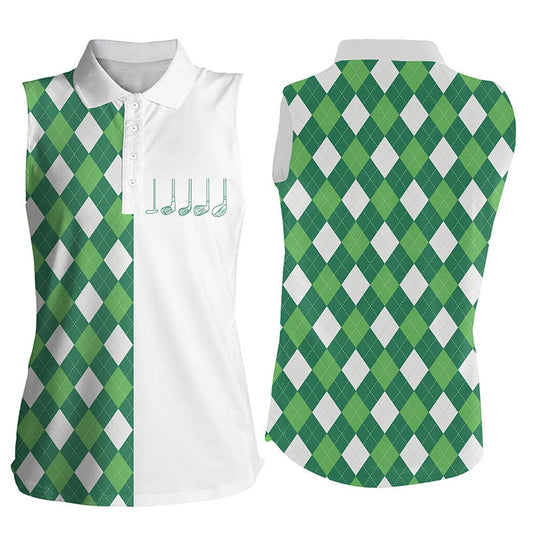 Womens Sleeveless Golf Polo Shirt Green And White Argyle Plaid Pattern Womens Golf Wear, Women Golf Shirts