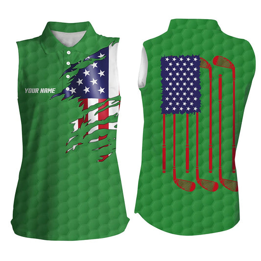 Womens Sleeveless Golf Polo Shirt Green Golf Ball American Flag Patriotic Golf Clubs Custom Golf Gifts, Women Golf Shirts