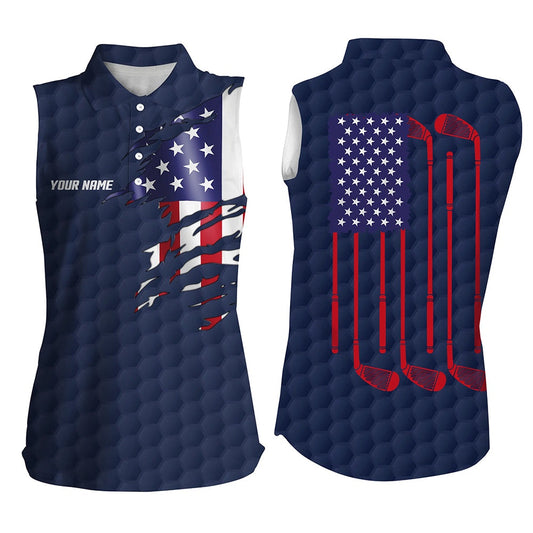 Womens Sleeveless Golf Polo Shirt Navy Golf Ball American Flag Patriotic Golf Clubs Custom Golf Gifts, Women Golf Shirts