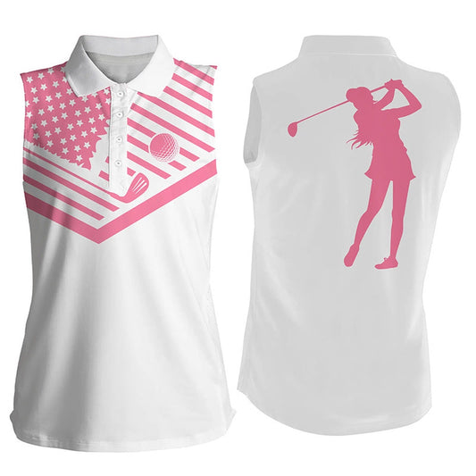 Womens Sleeveless Golf Polo Shirt Pink American Flag White Golf Shirt, Women Golf Shirts