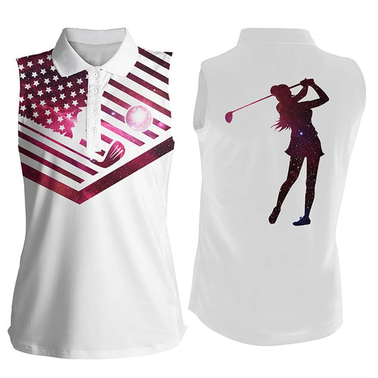 Womens Sleeveless Golf Polo Shirt Pink Galaxy American Flag Patriotic White Golf Shirt, Women Golf Shirts