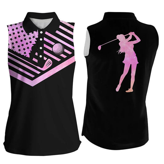 Womens Sleeveless Golf Polo Shirt Pink Watercolor American Flag Black Golf Shirt, Women Golf Shirts