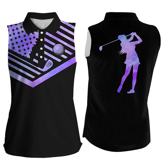 Womens Sleeveless Golf Polo Shirt Purple Watercolor American Flag Black Golf Shirt, Women Golf Shirts