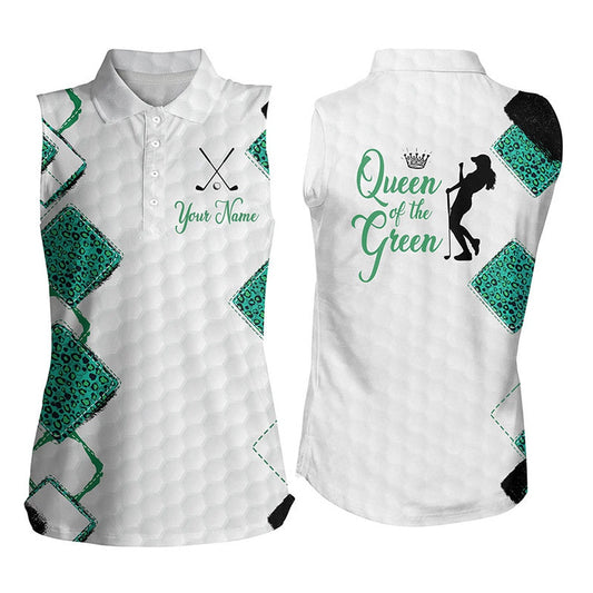 Womens Sleeveless Golf Polo Shirt Queen Of The Green Custom Funny White And Green Leopard Golf Shirt, Women Golf Shirts