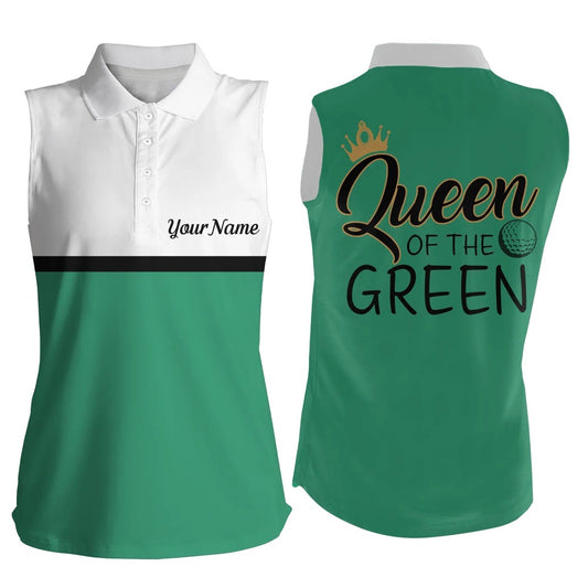 Womens Sleeveless Golf Polo Shirt Queen Of The Green Custom White And Green Golf Shirts, Women Golf Shirts