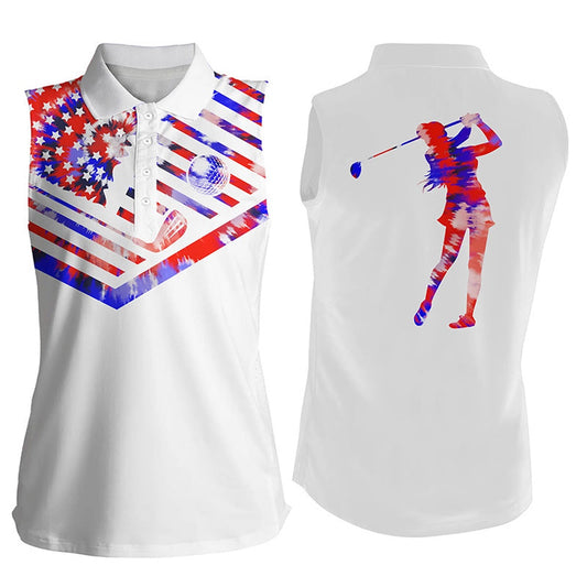 Womens Sleeveless Golf Polo Shirt Red Blue Tie Dye American Flag Patriotic Shirt, Women Golf Shirts