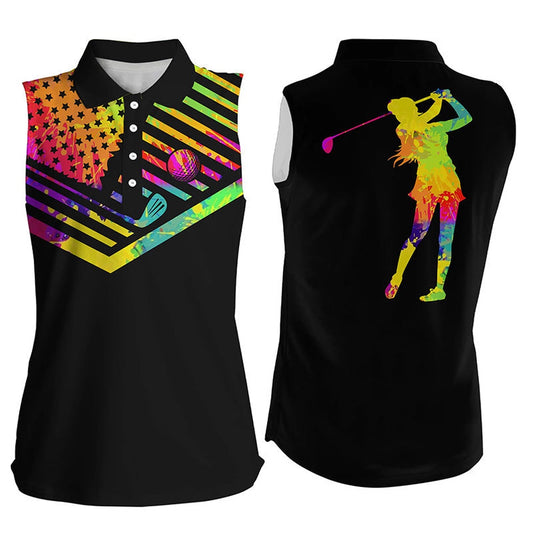 Womens Sleeveless Golf Polo Shirt Watercolor American Flag Black Golf Shirt, Women Golf Shirts