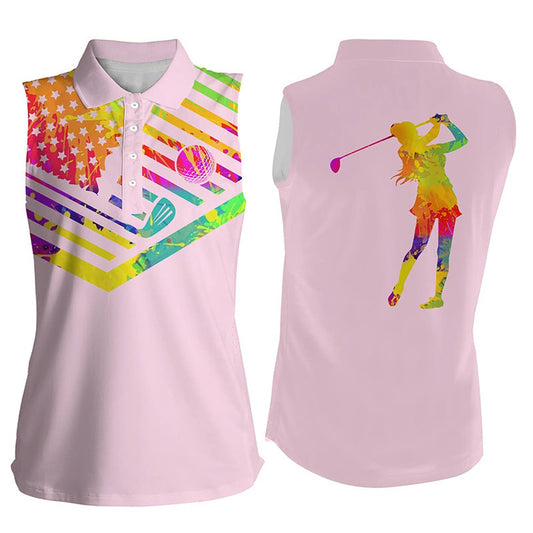 Womens Sleeveless Golf Polo Shirt Watercolor American Flag Light Pink Golf Shirt, Women Golf Shirts