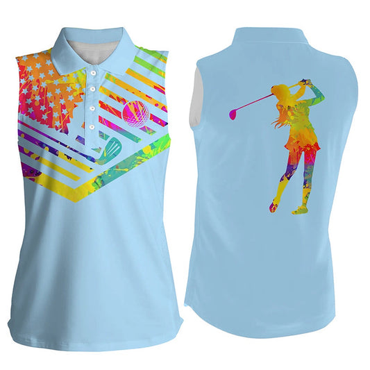 Womens Sleeveless Golf Polo Shirt Watercolor American Flag Patriotic Light Blue Golf Shirt, Women Golf Shirts