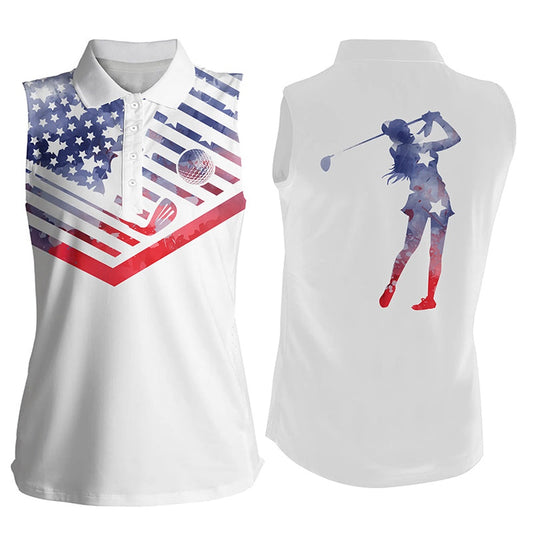 Womens Sleeveless Golf Polo Shirt Watercolor American Flag Patriotic White Golf Shirt, Women Golf Shirts