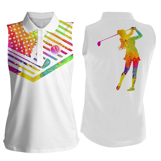 Womens Sleeveless Golf Polo Shirt Watercolor American Flag Swing Swear Repeat White Golf Shirt, Women Golf Shirts