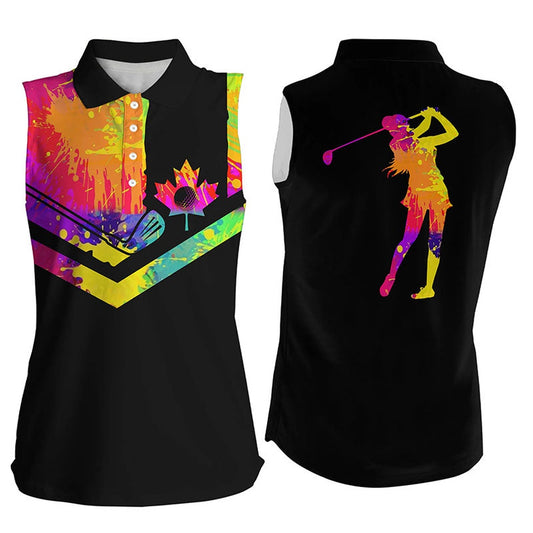 Womens Sleeveless Golf Polo Shirt Watercolor Canadian Flag Black Golf Shirt, Women Golf Shirts