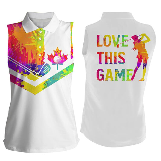 Womens Sleeveless Golf Polo Shirt Watercolor Canadian Flag Love This Game Patriotic White Golf Shirt, Women Golf Shirts
