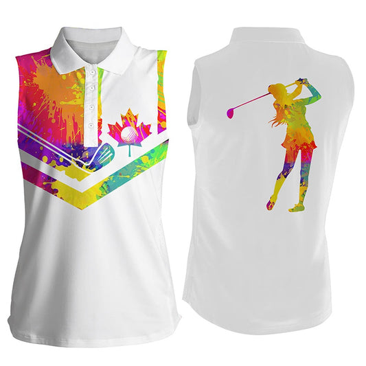 Womens Sleeveless Golf Polo Shirt Watercolor Canadian Flag Patriotic White Golf Shirt, Women Golf Shirts