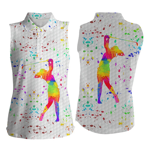 Womens Sleeveless Golf Polo Shirt Watercolor White Golf Ball, Women Golf Shirts