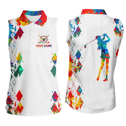 Womens Sleeveless Golf Polo Shirt Watercolor White Golf Shirt, Golfing Gifts, Women Golf Shirts