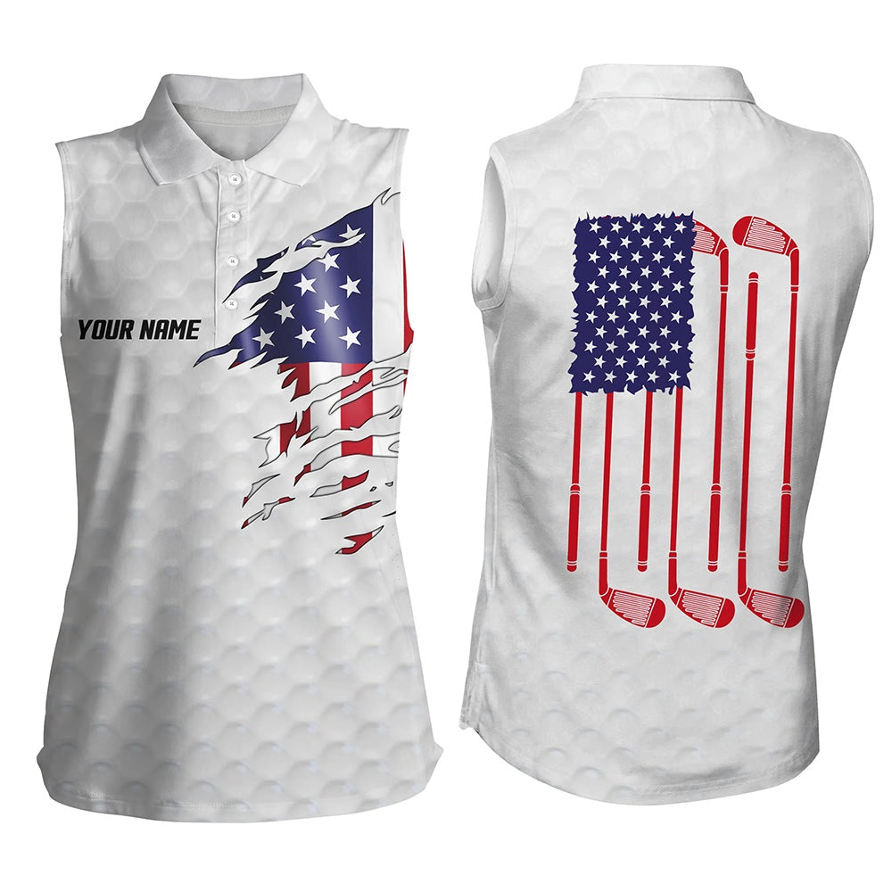 Womens Sleeveless Golf Polo Shirt White Golf Ball American Flag Patriotic Golf Clubs Custom Golf Gifts, Women Golf Shirts