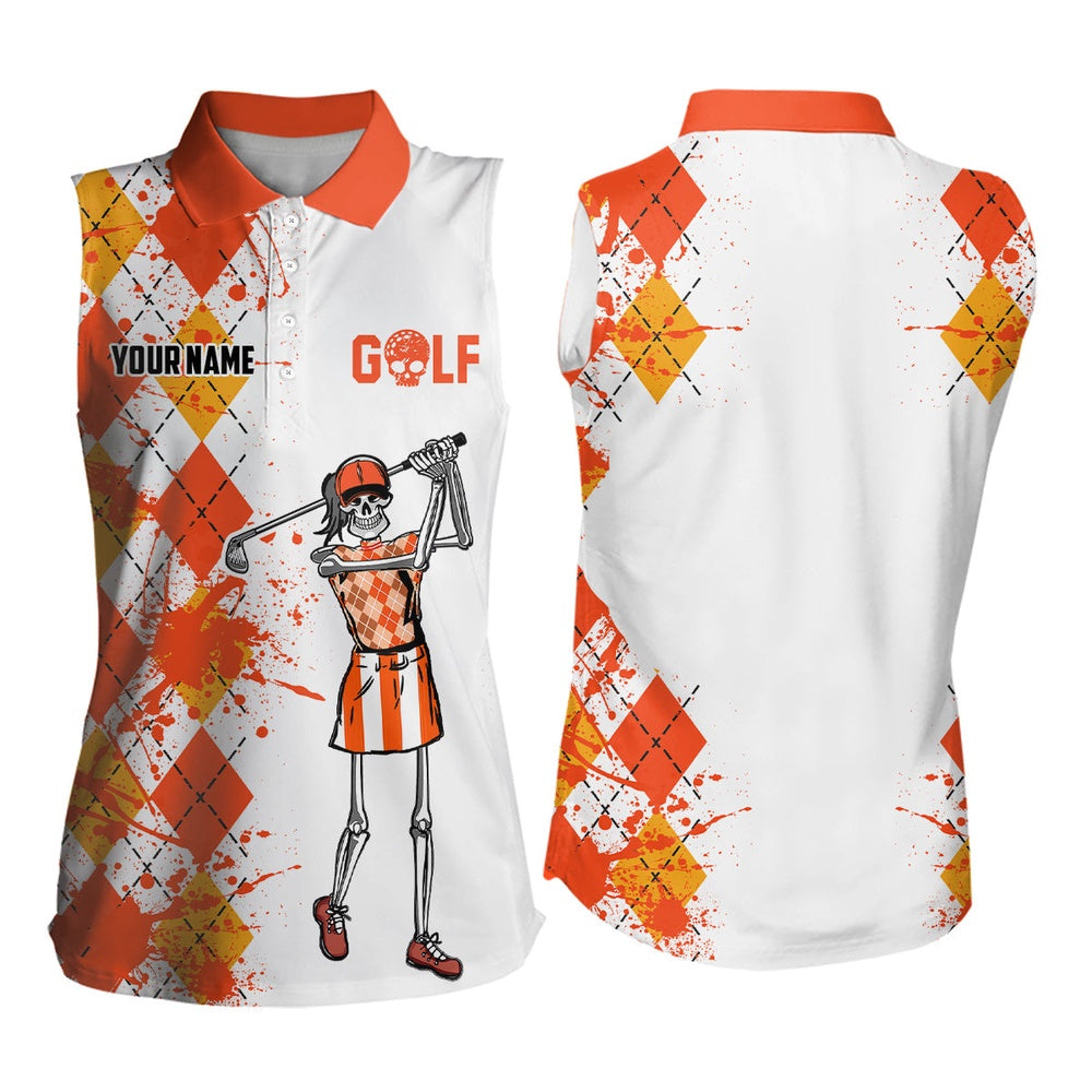 Womens Sleeveless Golf Polo Shirts Argyle Pattern Custom Skull Golf Outfit Ladies Golf Attire  Orange, Women Golf Shirts