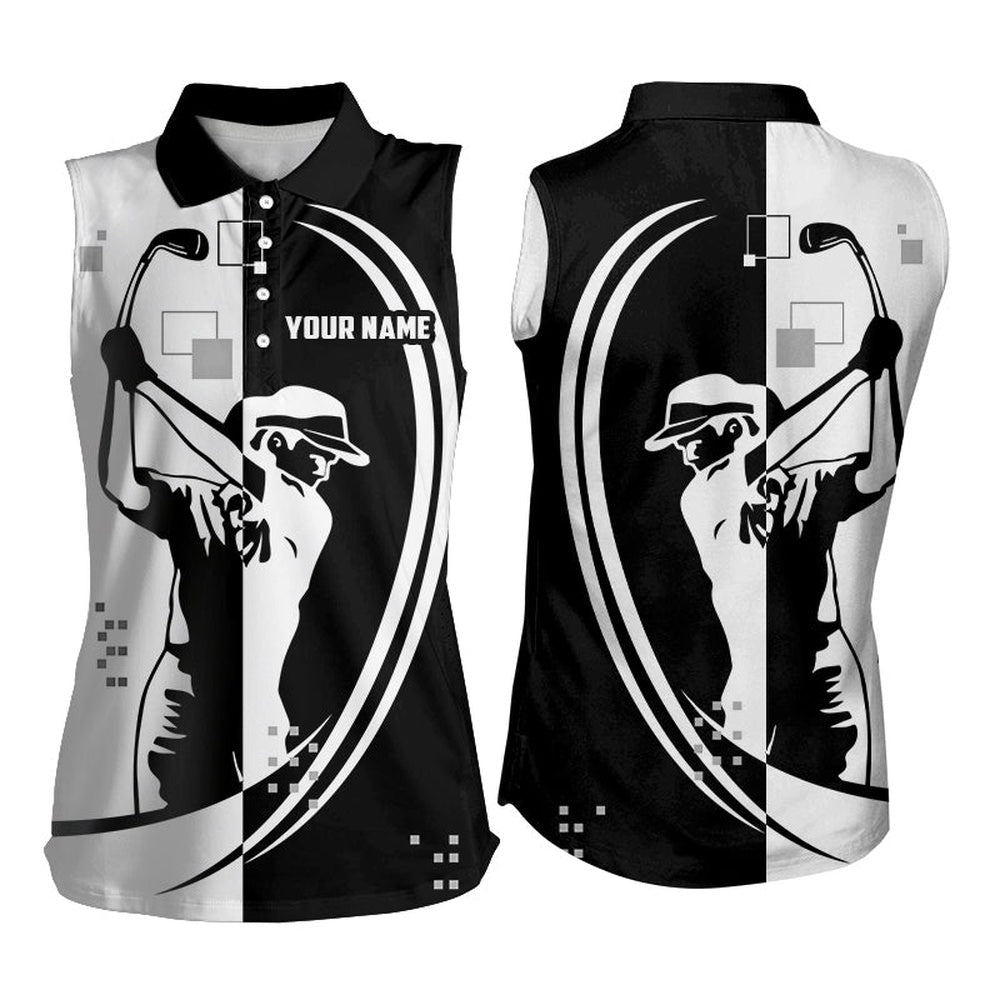 Womens Sleeveless Golf Polo Shirts, Black And White American Flag Golf Shirts, Women Golf Shirts
