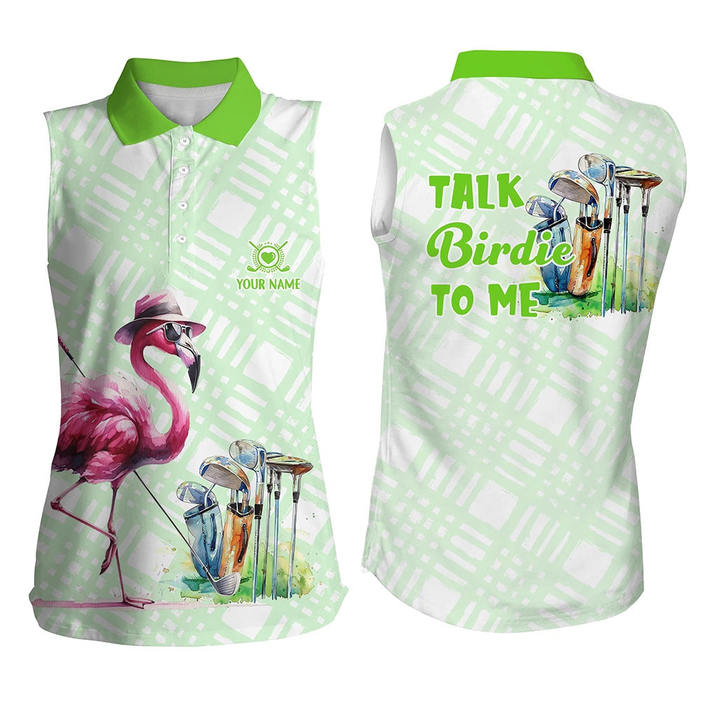 Womens Sleeveless Golf Polo Shirts Custom Green Flamingo Pattern Golf Shirts Talk Birdie To Me, Women Golf Shirts