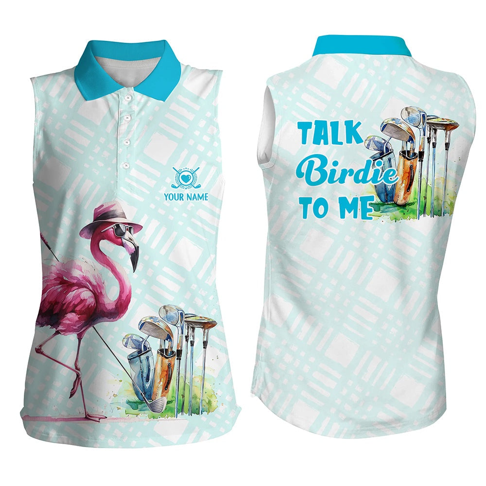 Womens Sleeveless Golf Polo Shirts Custom Pink Flamingo Blue Pattern Golf Shirts Talk Birdie To Me, Women Golf Shirts