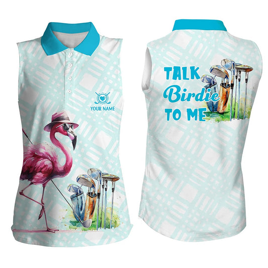 Womens Sleeveless Golf Polo Shirts Custom Pink Flamingo Blue Pattern Golf Shirts Talk Birdie To Me, Women Golf Shirts