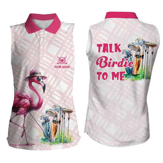 Womens Sleeveless Golf Polo Shirts Custom Pink Flamingo Pattern Golf Shirts Talk Birdie To Me, Women Golf Shirts