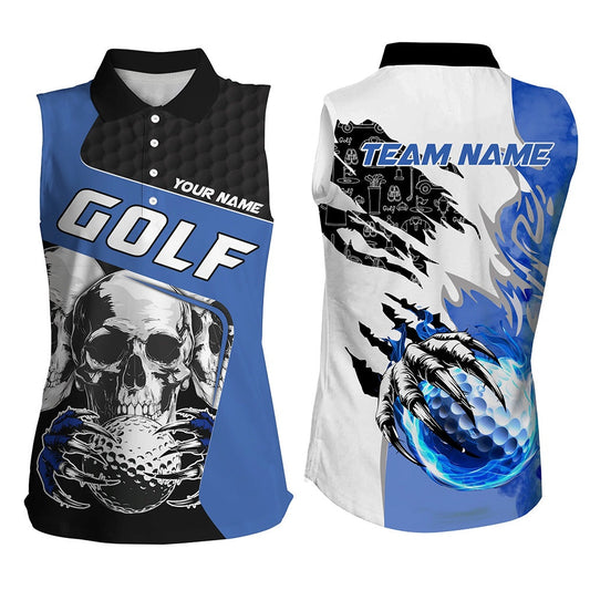 Womens Sleeveless Golf Polo Shirts Custom Skull Golf Ball Fire Golf Jerseys, Unique Golf Gifts  Blue, Women Golf Shirts