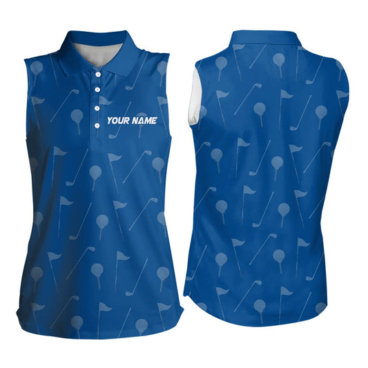 Womens Sleeveless Golf Polos Custom Blue Golf Pattern Polos Shirt For Ladies, Personalized Golf Gifts, Women Golf Shirts
