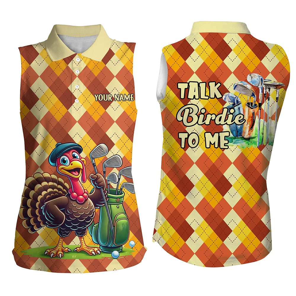 Womens Sleeveless Golf Polos Custom Turkey Argyle Pattern Thanksgiving Golf Shirts Talk Birdie To Me, Women Golf Shirts