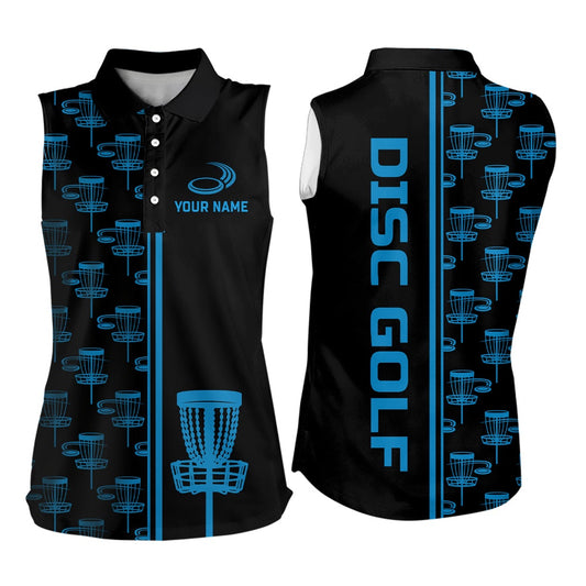 Womens Sleeveless Golf Polos Shirts Black And Blue Gradient Disc Golf Basket Custom Disc Golf Jerseys, Women Golf Shirts