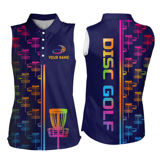 Womens Sleeveless Golf Polos Shirts Colorful Gradient Disc Golf Basket Custom Disc Golf Jerseys, Women Golf Shirts