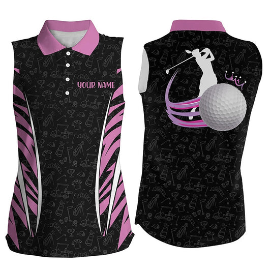 Womens Sleeveless Golf Polos Shirts Custom Pink And Black Camo Golf Clubs Golf Tops For Ladies, Women Golf Shirts