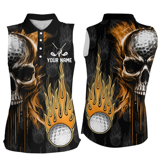 Womens Sleeveless Golf Polos Shirts Custom Skull Golf Fire Golf Apparel, Cool Polo Shirts For Ladies, Women Golf Shirts