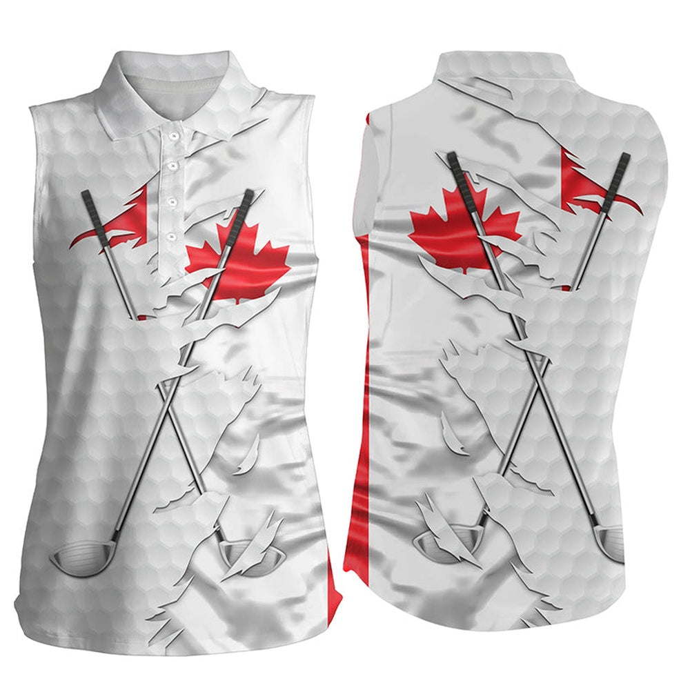 Womens Sleeveless Golf Polos Shirts White Golf Ball Skin Canadian Flag Patriot Golf Clubs Golf Apparel, Women Golf Shirts