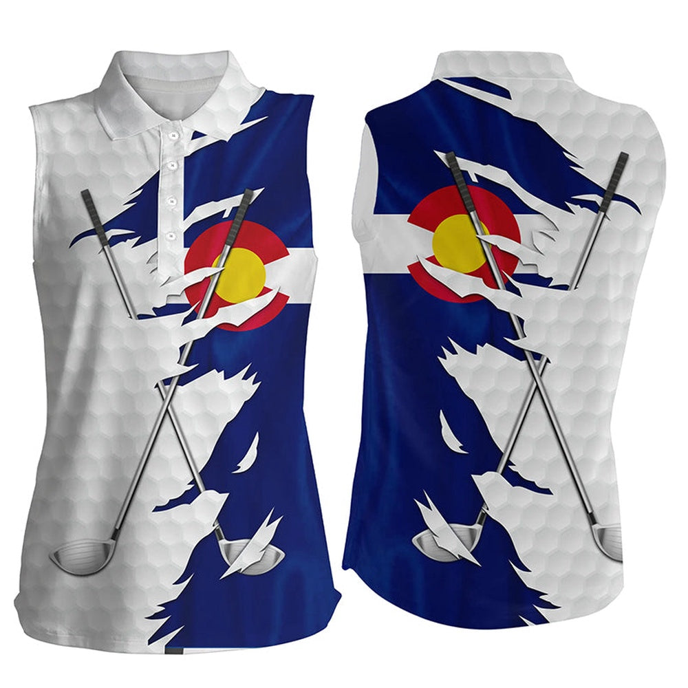 Womens Sleeveless Golf Polos Shirts White Golf Ball Skin Colorado Flag Patriot Golf Clubs Golf Apparel, Women Golf Shirts