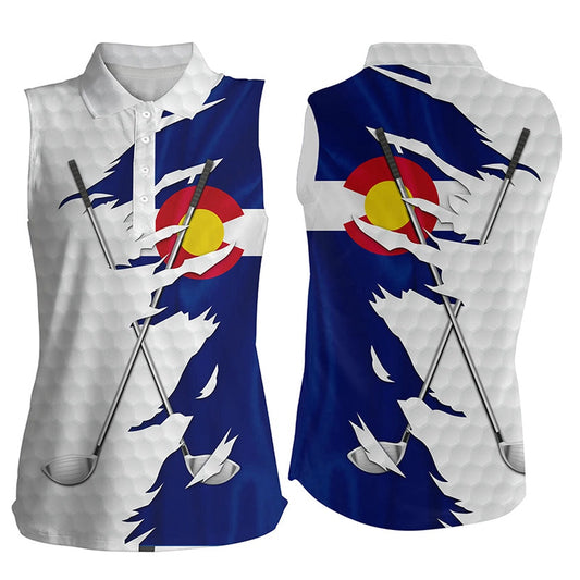 Womens Sleeveless Golf Polos Shirts White Golf Ball Skin Colorado Flag Patriot Golf Clubs Golf Apparel, Women Golf Shirts
